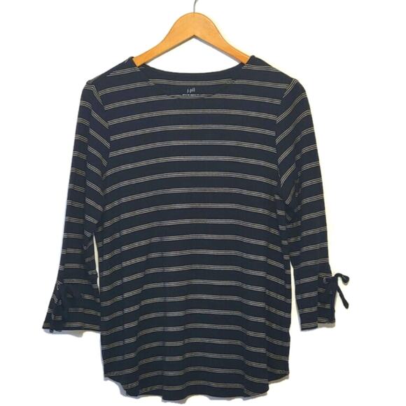 J Jill Pima Tie Sleeve Tee Crew Neck Black and White Stripe Cotton Top Size M - Picture 2 of 11